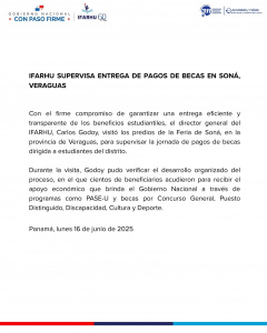 IFARHU SUPERVISA ENTREGA DE PAGOS DE BECAS EN SONÁ, VERAGUAS