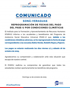 Reprogramación de fechas del pago del PASE-U por condiciones climáticas en Soná, Veraguas