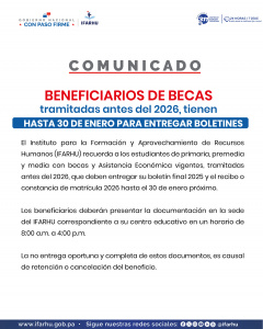 Beneficiarios de Becas tramitadas antes del 2026, tienen hasta 30 de enero para entregar boletines
