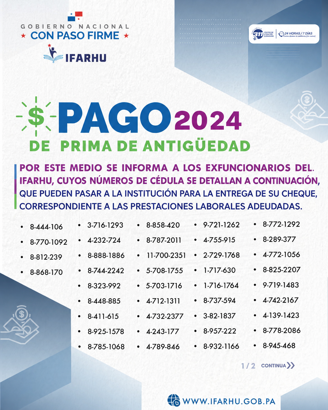 IFARHU pagará prima de antigüedad 2024 a excolaboradores